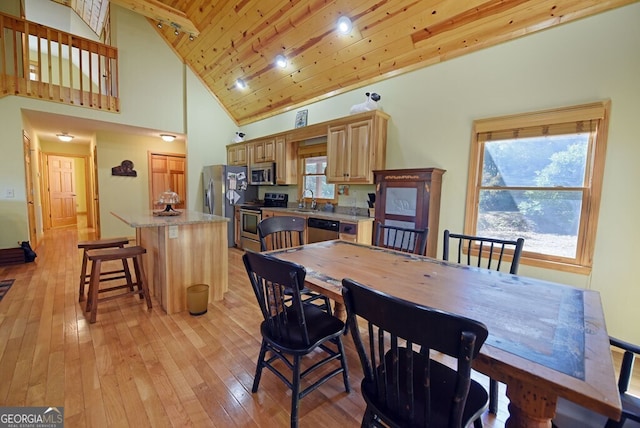 dining area with wood ceiling, high vaulted ceiling, sink, and light hardwood / wood-style flooring