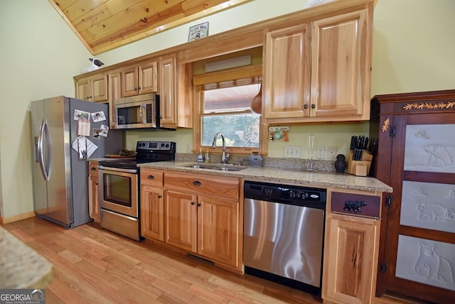 kitchen featuring lofted ceiling, sink, wood ceiling, stainless steel appliances, and light wood-type flooring