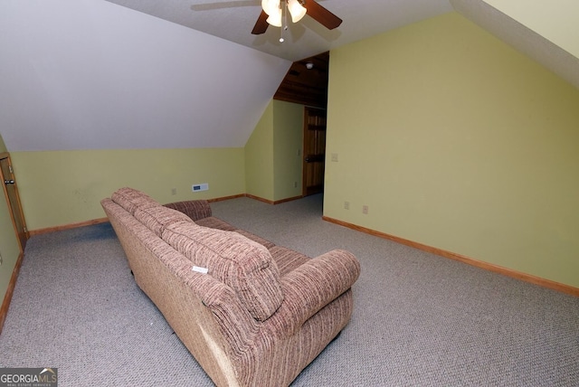 bonus room featuring lofted ceiling, light carpet, and ceiling fan