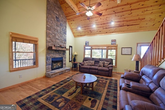 living room featuring wood ceiling, ceiling fan, high vaulted ceiling, a fireplace, and wood-type flooring