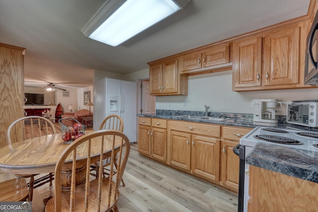 kitchen with electric range oven, ceiling fan, light wood-type flooring, white fridge with ice dispenser, and a sink