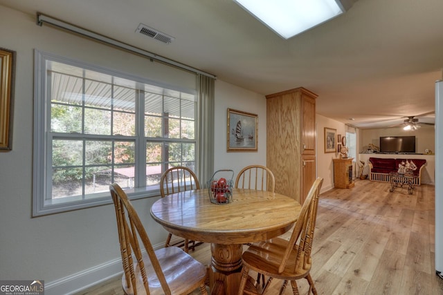 dining area featuring visible vents, ceiling fan, light wood-style flooring, and baseboards