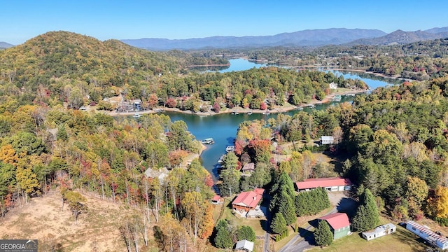 birds eye view of property featuring a water and mountain view and a wooded view