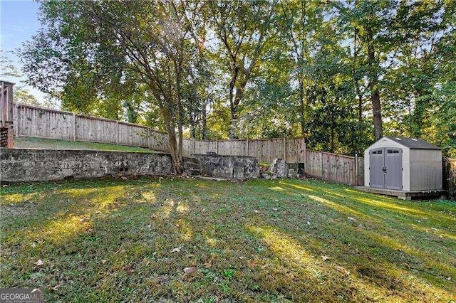 view of yard featuring a shed