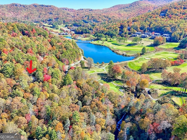 842 Saddleback Cir Unit 36, Sky Valley, GA 30537 - aerial view of property and surrounding area with a water and mountain view, a heavily wooded area, and a golf club