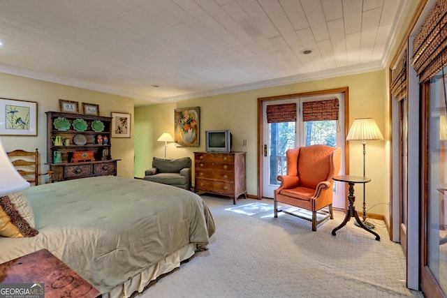 bedroom featuring light carpet and crown molding