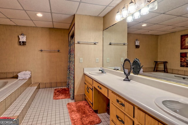 842 Saddleback Cir Unit 36, Sky Valley, GA 30537 - bathroom with a paneled ceiling, double vanity, tiled tub, tile patterned flooring, and recessed lighting