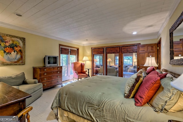 carpeted bedroom featuring ornamental molding, access to outside, and wooden ceiling