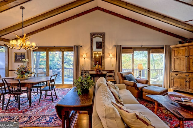 living room with beamed ceiling, a chandelier, wood-type flooring, and high vaulted ceiling