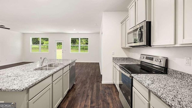 kitchen featuring a center island with sink, light stone countertops, appliances with stainless steel finishes, sink, and dark hardwood / wood-style floors