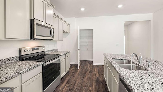 kitchen with light stone countertops, appliances with stainless steel finishes, sink, and dark hardwood / wood-style floors