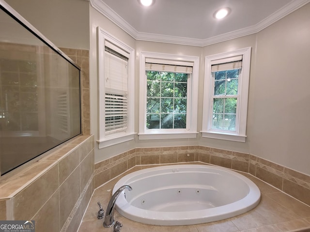 bathroom featuring a whirlpool tub, ornamental molding, a tile shower, and recessed lighting