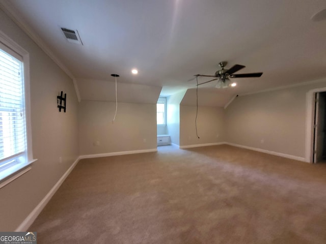 additional living space featuring ceiling fan, carpet flooring, visible vents, and baseboards