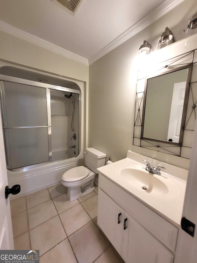 full bathroom featuring enclosed tub / shower combo, toilet, vanity, visible vents, and ornamental molding