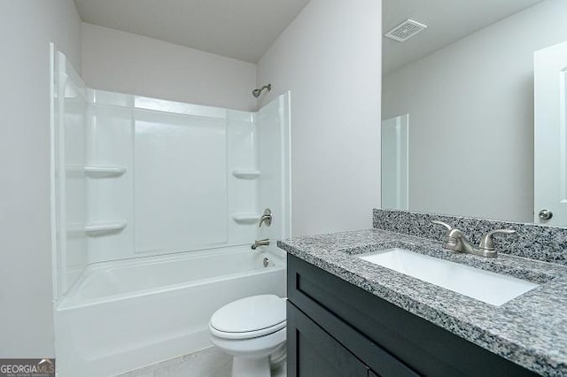 full bathroom with tile patterned flooring, vanity, toilet, and shower / tub combination