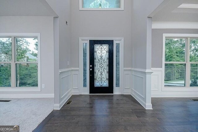 foyer featuring a high ceiling, dark hardwood / wood-style floors, and a notable chandelier