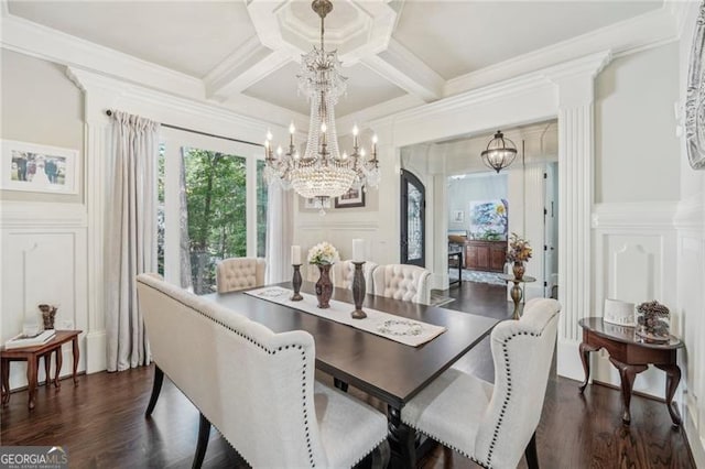 dining area with crown molding, dark hardwood / wood-style floors, beam ceiling, and coffered ceiling