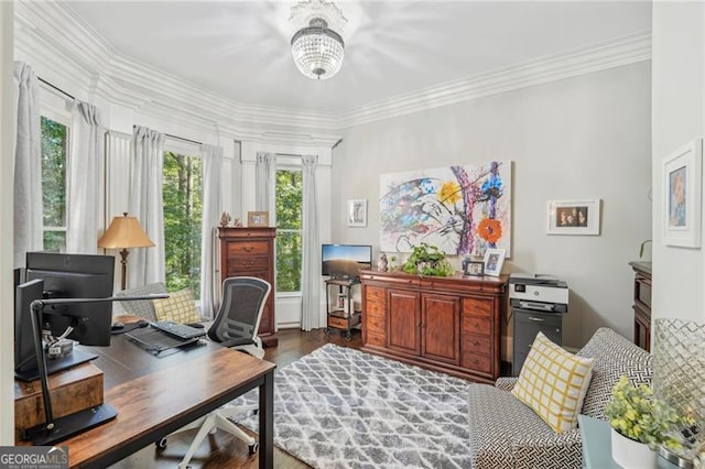 home office featuring ornamental molding and wood finished floors