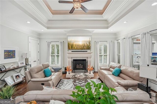 living room with ornamental molding, dark hardwood / wood-style floors, ceiling fan, and a raised ceiling