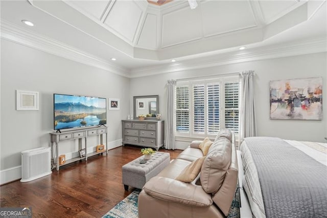 bedroom featuring dark wood-type flooring and crown molding