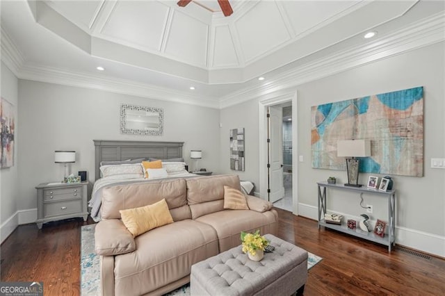 bedroom with ornamental molding, dark wood-style flooring, coffered ceiling, and baseboards