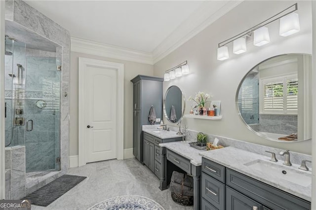 bathroom with a stall shower, marble finish floor, crown molding, and vanity