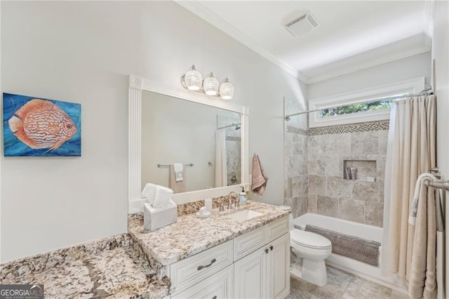 bathroom featuring toilet, shower / tub combo, vanity, visible vents, and ornamental molding