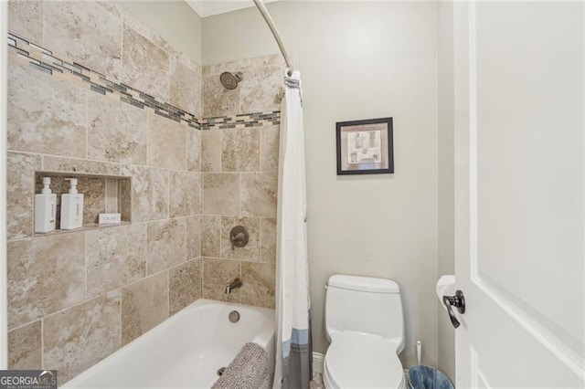 full bath featuring shower / bath combination with curtain and toilet