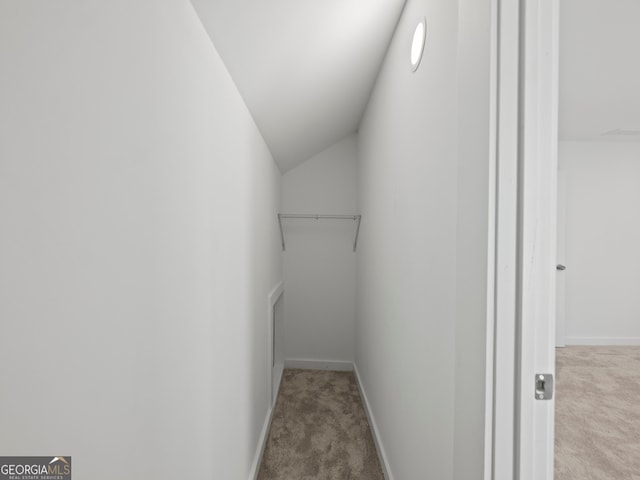 spacious closet featuring light carpet and lofted ceiling