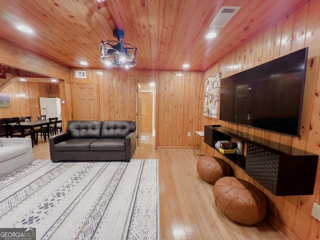 living room featuring wooden walls, light hardwood / wood-style flooring, and wood ceiling