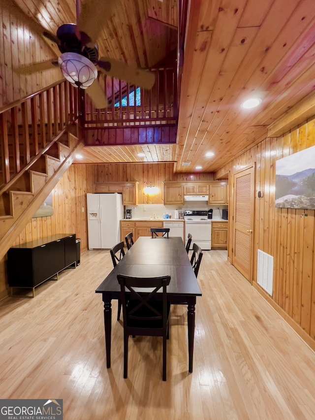 dining space featuring light hardwood / wood-style floors, wood ceiling, wooden walls, and ceiling fan