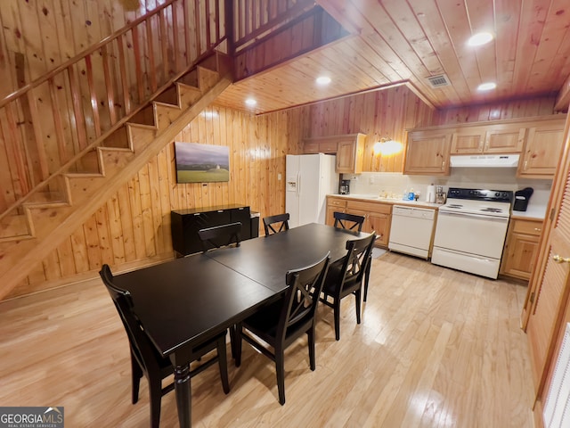 dining space featuring wooden walls, wood ceiling, and light hardwood / wood-style floors