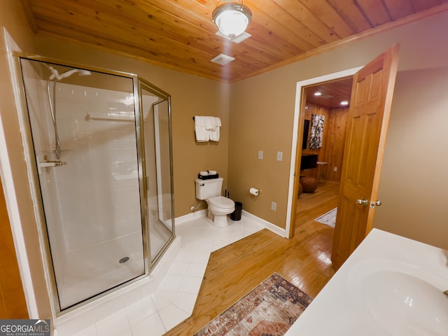 bathroom with wood ceiling, walk in shower, hardwood / wood-style flooring, toilet, and vanity