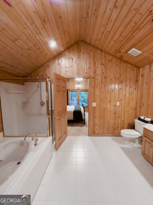 full bathroom with toilet, independent shower and bath, wooden ceiling, and vaulted ceiling