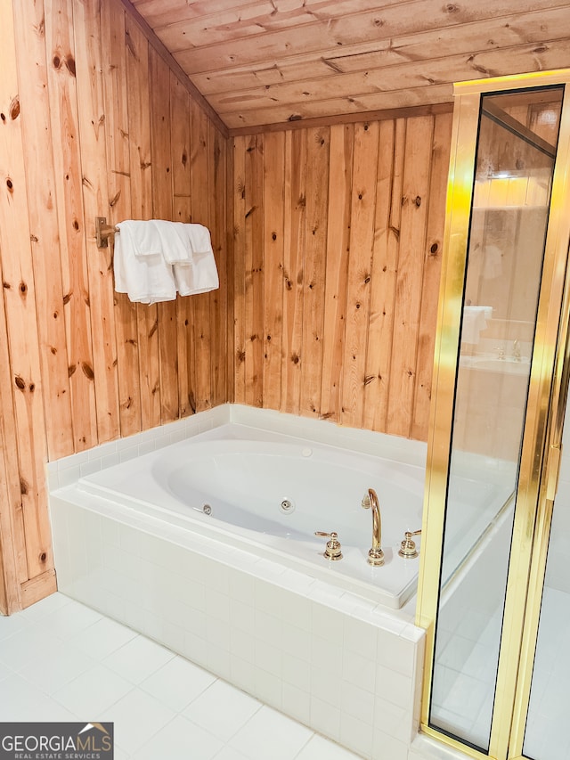 bathroom featuring wood ceiling, tile patterned floors, separate shower and tub, and wooden walls