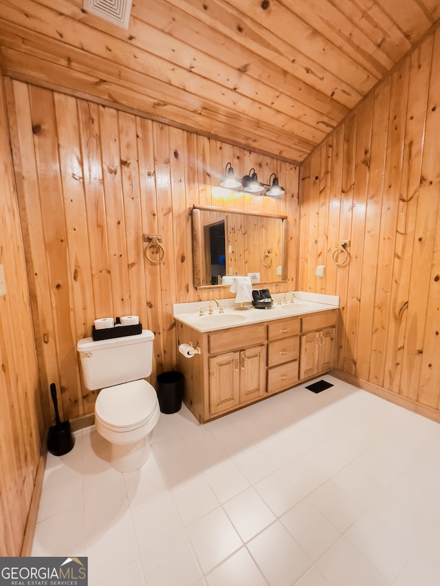 bathroom featuring vanity, wood ceiling, wooden walls, and toilet