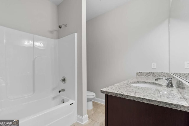 full bathroom with vanity, tub / shower combination, tile patterned floors, and toilet