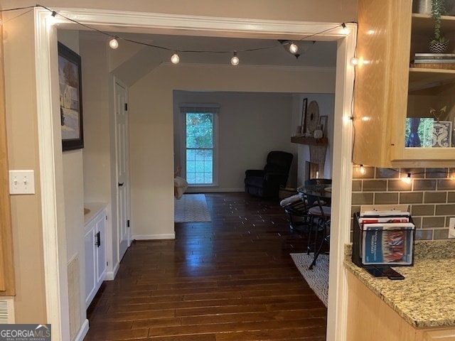 hallway with crown molding and dark hardwood / wood-style floors