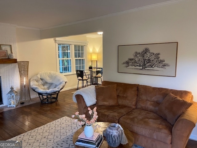 living room with ornamental molding and dark hardwood / wood-style flooring