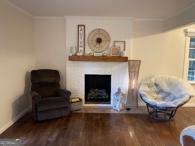 sitting room featuring ornamental molding, wood-type flooring, and a fireplace