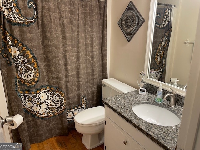 bathroom with vanity, wood-type flooring, and toilet