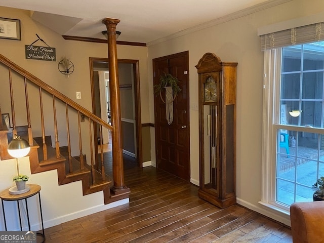 entrance foyer with ornamental molding and dark hardwood / wood-style flooring