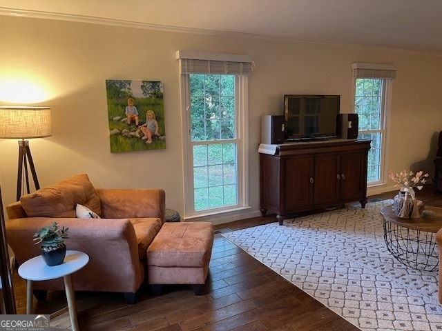 sitting room with crown molding, a healthy amount of sunlight, and hardwood / wood-style floors