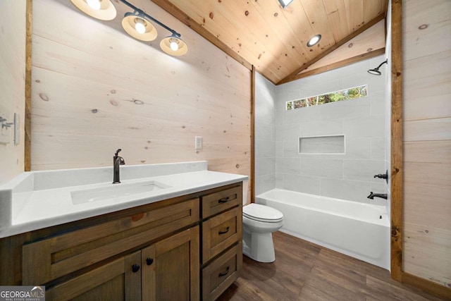 full bathroom with toilet, wooden ceiling, lofted ceiling, wooden walls, and hardwood / wood-style flooring