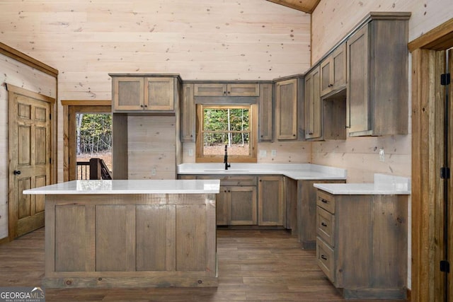 kitchen with vaulted ceiling, a center island, dark hardwood / wood-style floors, and a healthy amount of sunlight