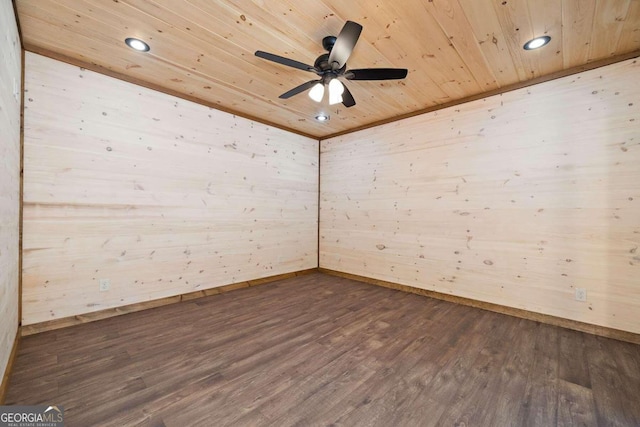 empty room with dark wood-type flooring, wood ceiling, wooden walls, and ceiling fan