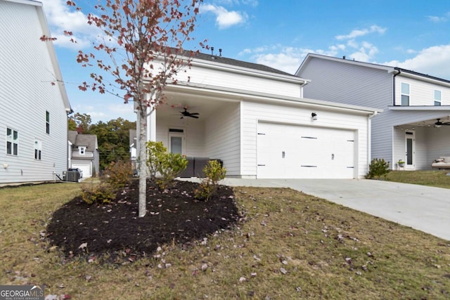 view of front facade featuring central AC, a front yard, a garage, and ceiling fan