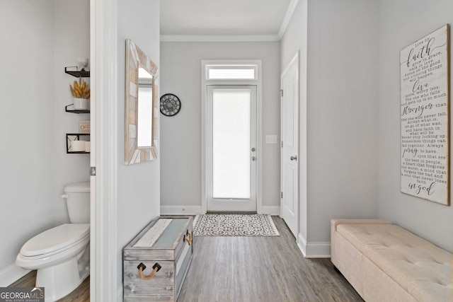 foyer entrance featuring crown molding and dark wood-type flooring