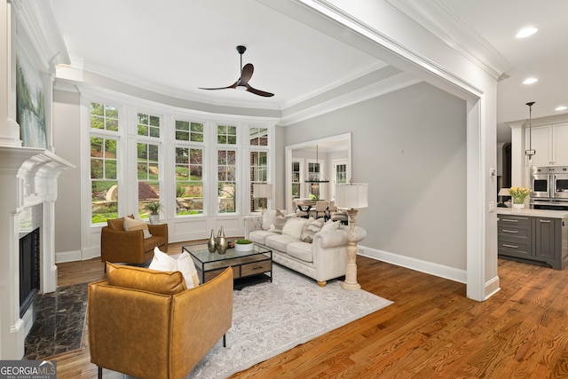 living room with a premium fireplace, dark hardwood / wood-style floors, ceiling fan, and ornamental molding