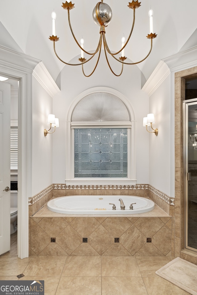 bathroom featuring vaulted ceiling, shower with separate bathtub, toilet, and tile patterned flooring